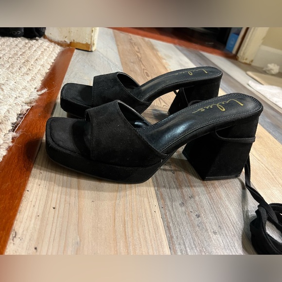 Lulus Fiyaa Black Suede Lace-Up Chunky High Heel Sandals - Picture 8 of 12